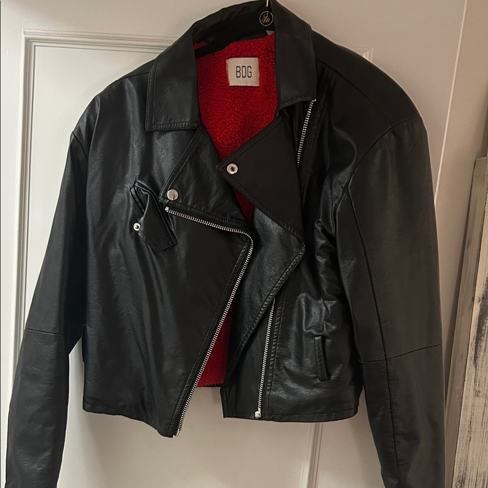 BDG Black Leather Biker Jacket with Red Sherpa Lining